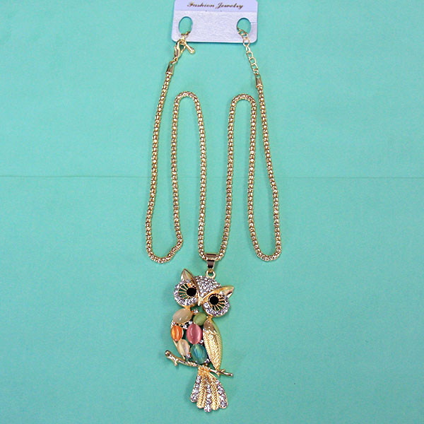 Women Fashion Rhinestone Bling Long Sweater Necklace - Colored Owl