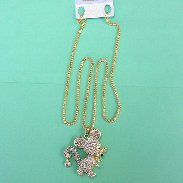 Women Fashion Rhinestone Bling Long Sweater Necklace - Cute Mouse