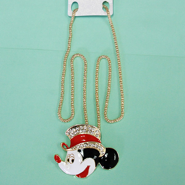 Women Fashion Rhinestone Bling Long Sweater Necklace - Mickey Mouse with Red Hat