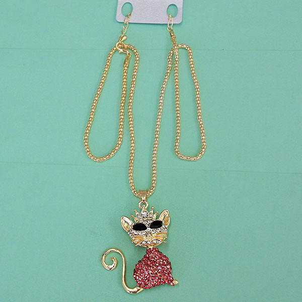 Women Fashion Rhinestone Bling Long Sweater Necklace - Pink Cat