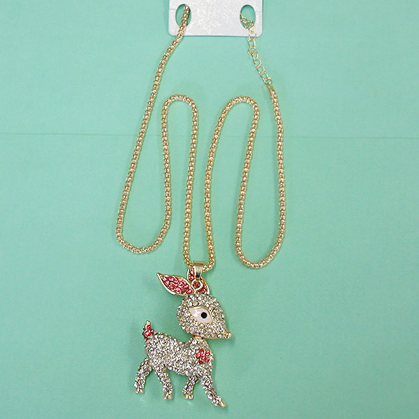 Women Fashion Rhinestone Bling Long Sweater Necklace - Pink & White Deer