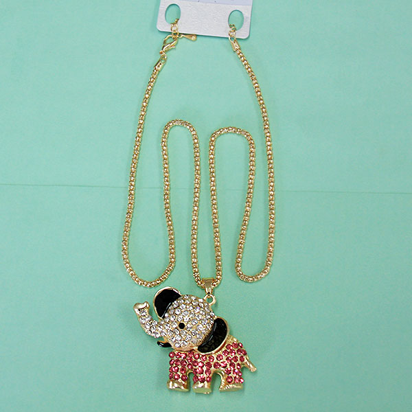 Women Fashion Rhinestone Bling Long Sweater Necklace - Pink & White Elephant