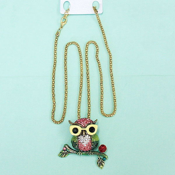 Women Fashion Rhinestone Bling Long Sweater Necklace - Pink & White Owl with Yellow Glasses