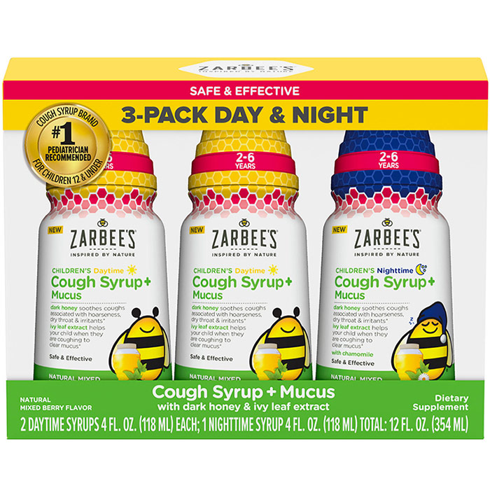 Zarbees Naturals Childrens Cough Syrup + Mucus, 3-Pack Day & Night, 2+1 Bottles