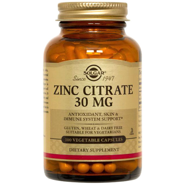 Zinc Citrate 30 mg, 100 Vegetable Capsules, Solgar