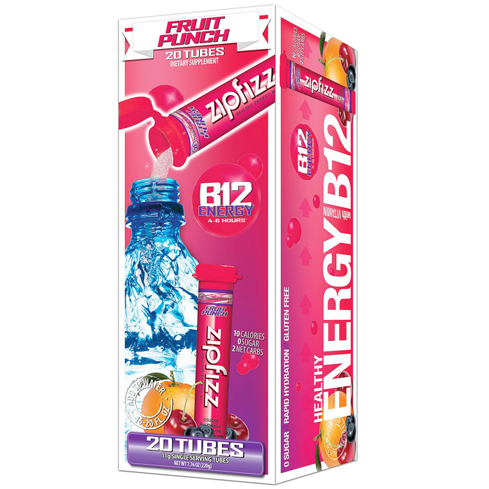 Zipfizz Healthy Energy Drink Mix with Vitamin B12, Fruit Punch, 20 Tubes